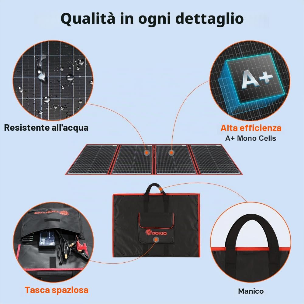 DOKIO 200W Pannello Solare Portatile (4,4 kg, 67 * 49cm) Mobile e Pieghevole + 20A Regolatore con Presa USB 5V 2A