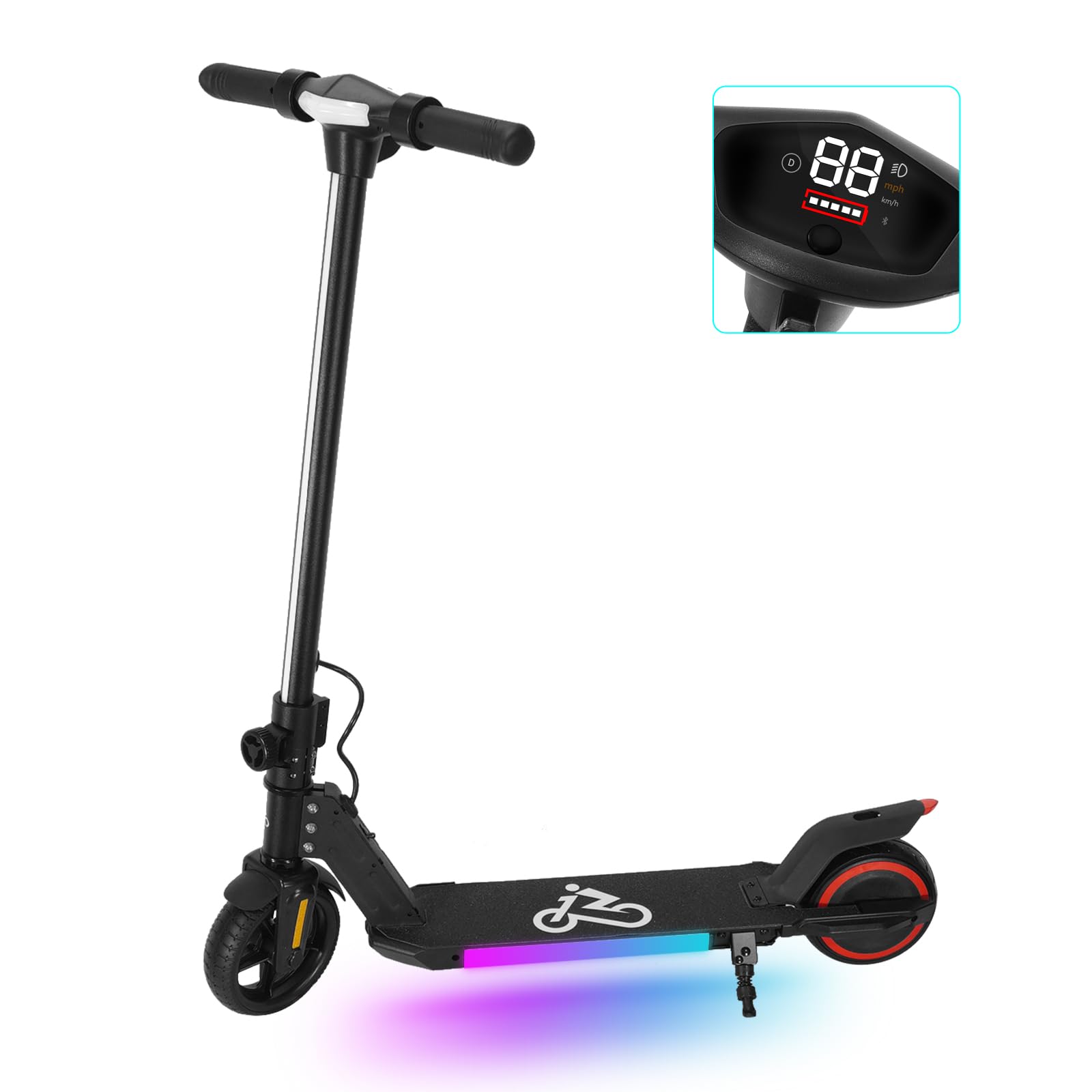EMOKO Patinete Eléctrico para Niños de 6 a 14 años(1,2m a 1,6m), Scooter Eléctrico Plegable para Niños, Velocidad Máxima 16 KM/H Autonomía 12 KM con Doble Freno, Luces de Colores, Negro