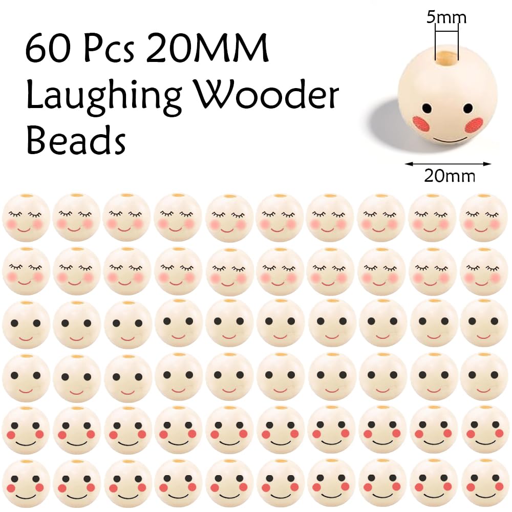 Winddle Pack of 60 Wooden Face Beads - 20 mm, 3 Styles Smile Face, Natural Wood, Round with Hole for DIY Crafts & Decorations - Image 2