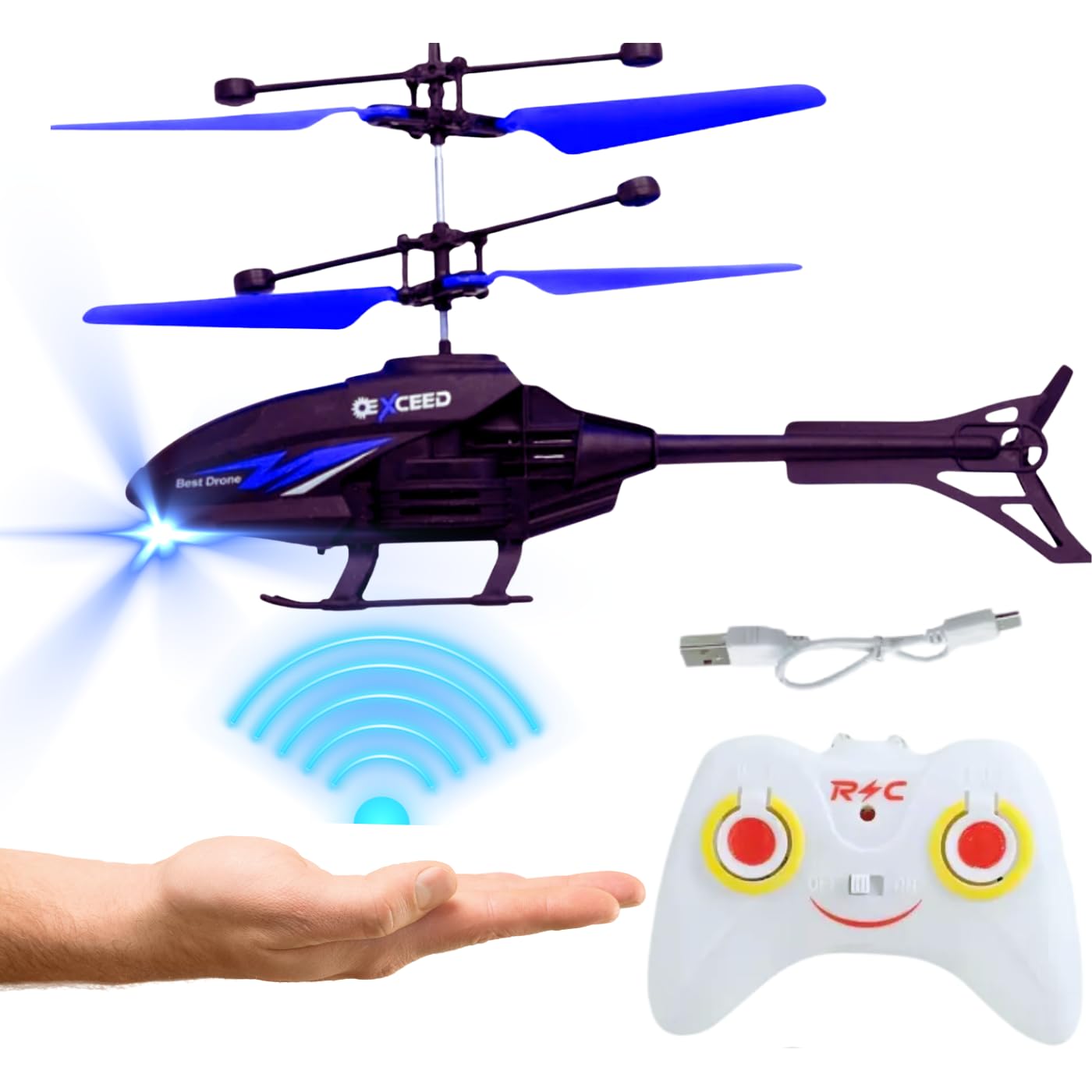 KIDZYMON® Outdoor and Indoor Flying Helicopter with Remote Control | Electronic Radio RC Remote Control Toy | Charging Helicopter with 3D Light & Safety Sensor for Kids - Pack of 1 (Black Blue)