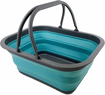 SAMMART Collapsible Tub with Handle 15L 4 Gallon - Portable Picnic Basket/Crate - Foldable Storage Container for Dishes Washing, Camping and Home Grey/Crystal Blue