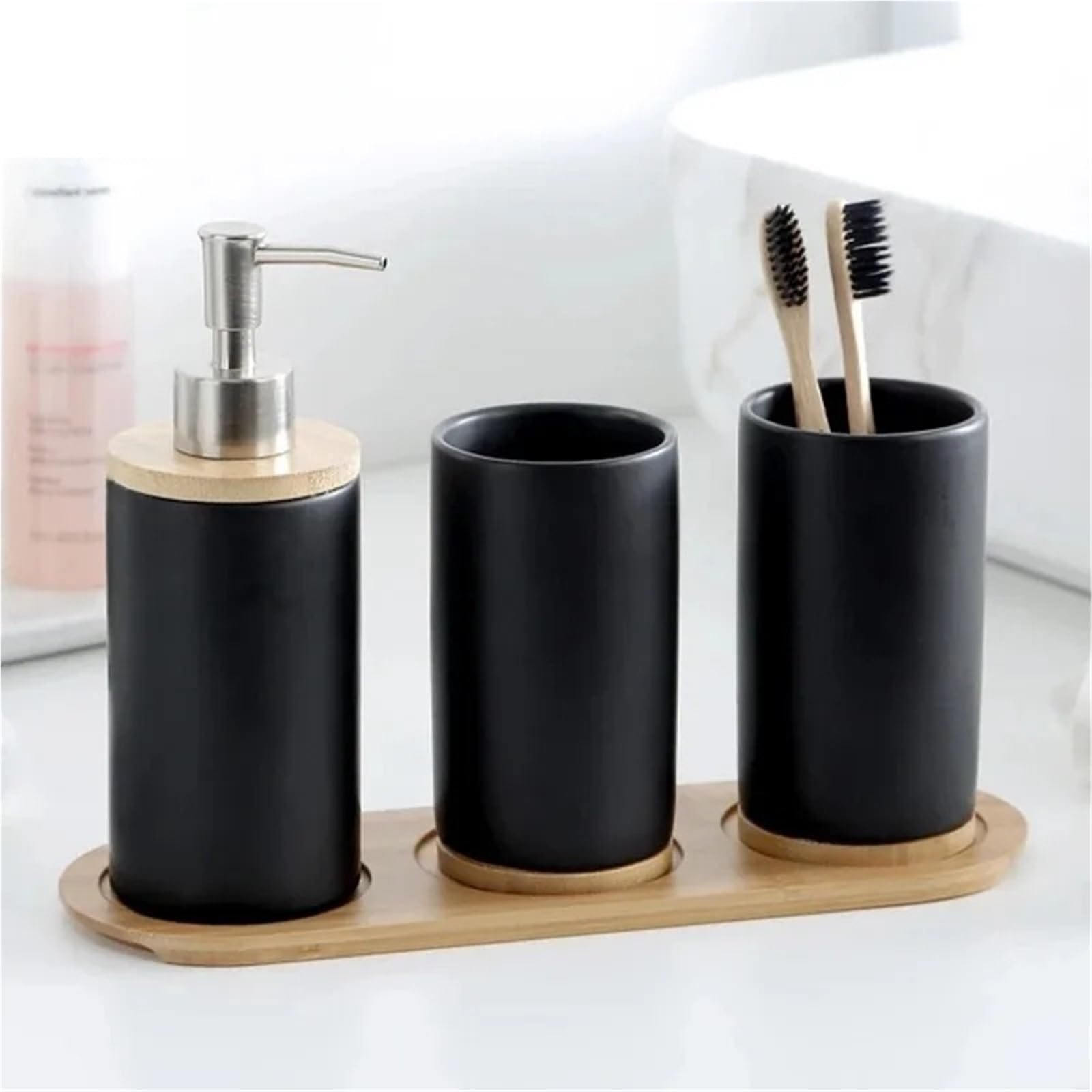 Accesorios BañO Set de Accesorios baño, dispensador jabón, Soporte for Cepillo Dientes, Vaso, Producto cerámica for el hogar(2Cup1Bottle-black)