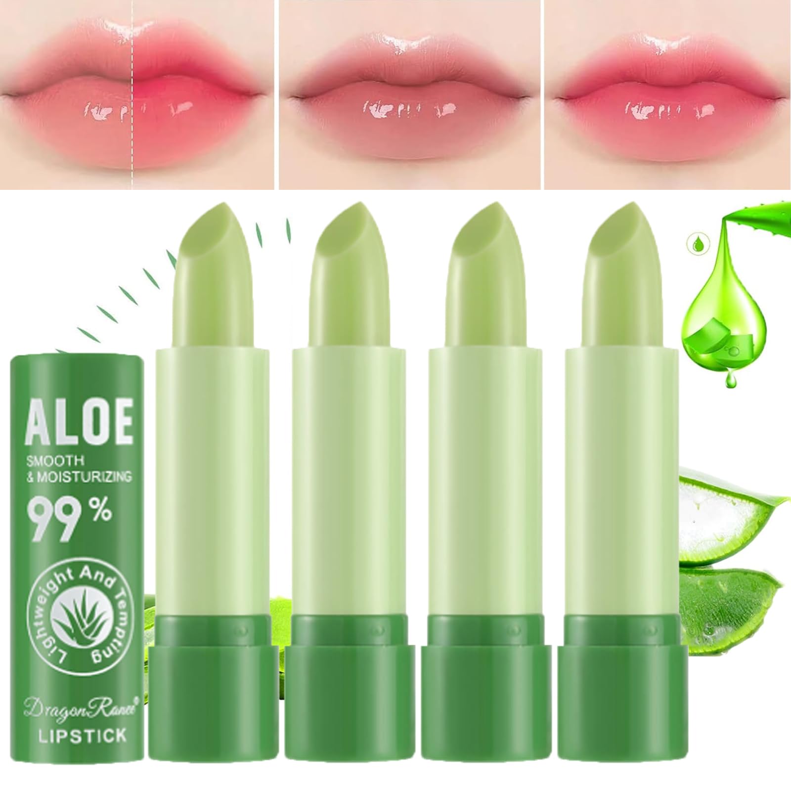 4 Pcs Aloe Vera Color Changing Lipstick,Long Lasting Nutritious Moisturizing Lip Balm Magic Temperature Colour Changing Lip Stick for Women