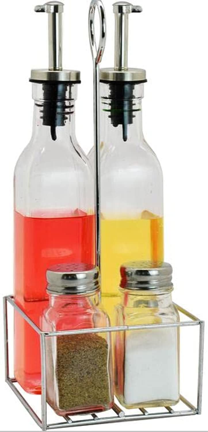 Cuisine Art Olive Oil Bottle And Vinegar Bottle Dispenser Combination Kit 5 Pieces, Glass Visible Seasoning Bottle, Salt Shaker Pepper Shaker, Q Spov 4M, Clear