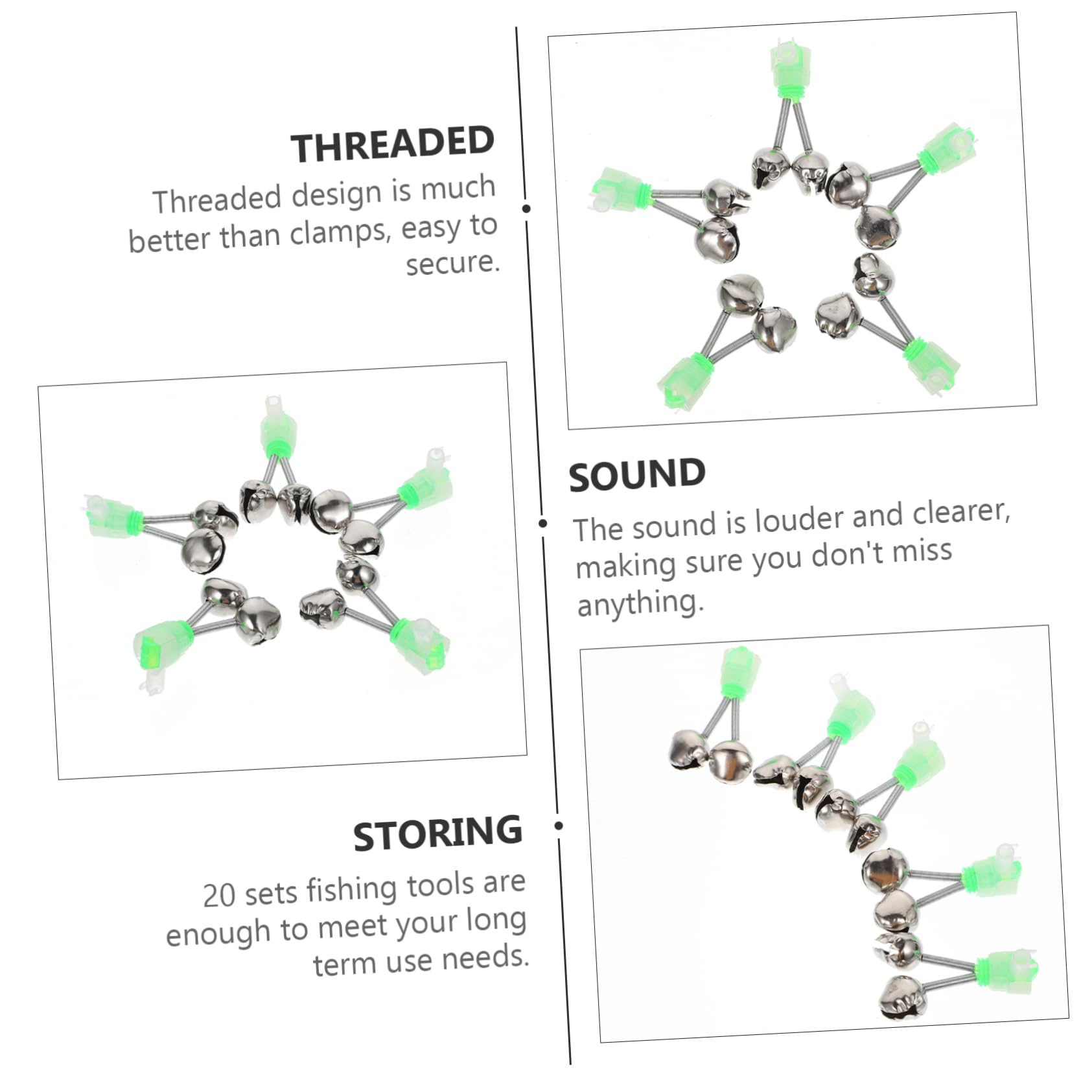 POPETPOP 20 Sets LED Fishing Bells Bite Alert Indicator with Sound for Rods Portable Bait Alarm Durable Spring Design Green Glow for Night Fishing