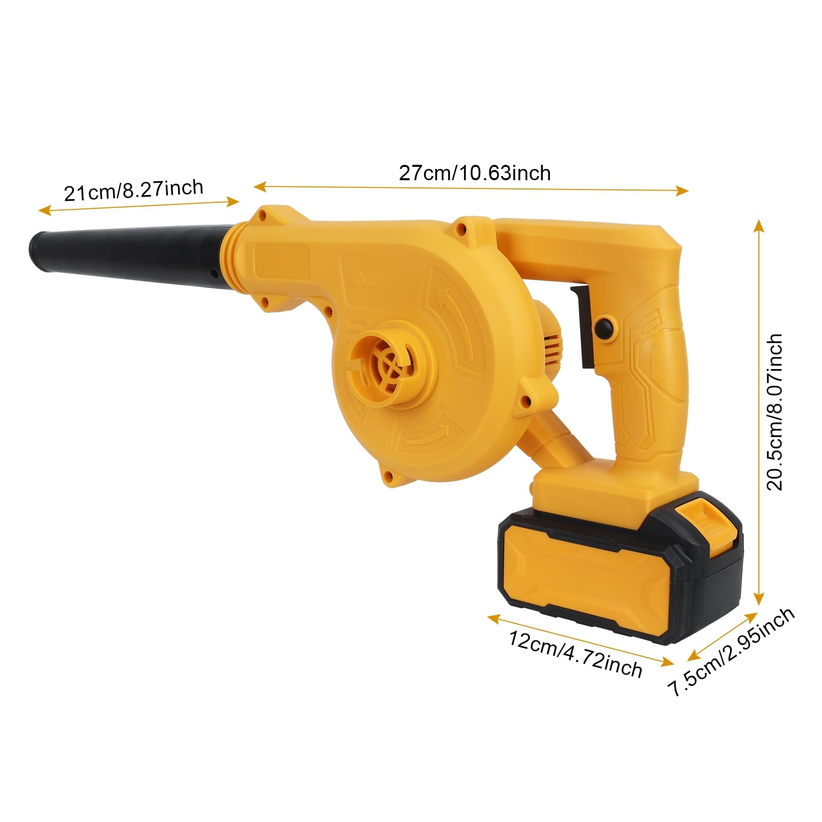 Soffiatore elettrico per foglie senza fili, 2 batterie da 1,5 Ah, soffiatore per foglie da 21 V, soffiatore leggero per spazzaneve e cura del prato, pulizia del cortile, garage giallo