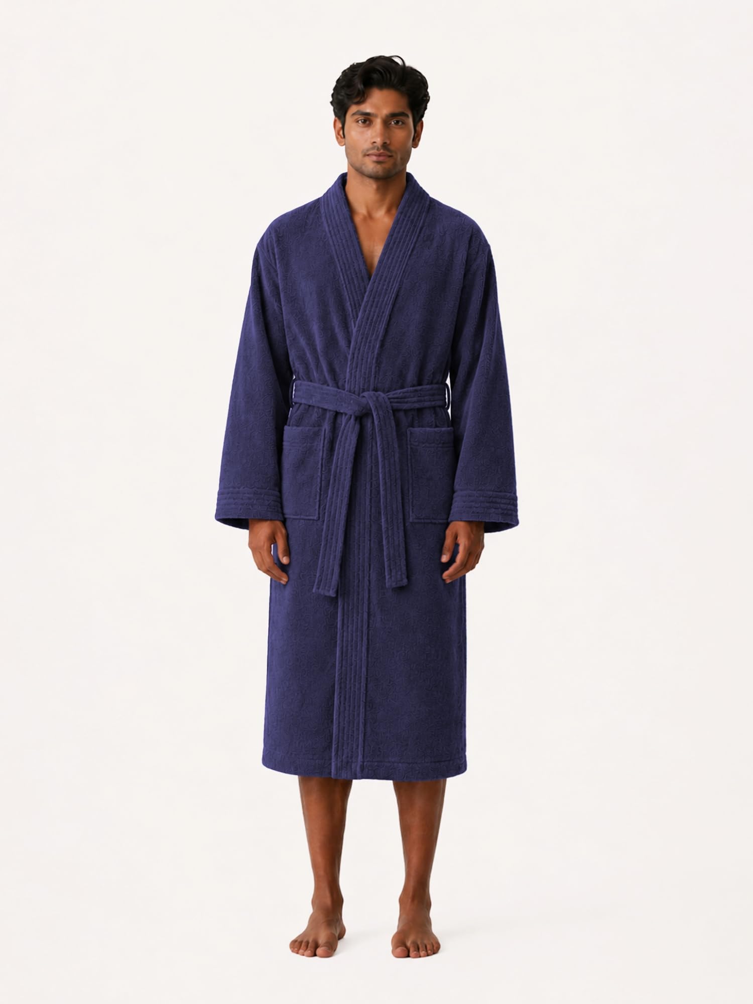 RANGOLI Premium Knee-Length 100% Cotton Men Bathrobe in Full Sleeves & 2 Pockets with 400 GSM Fabric for Ultra Soft & 2X Absorbency (Navy Blue-XL) | Noble Collection