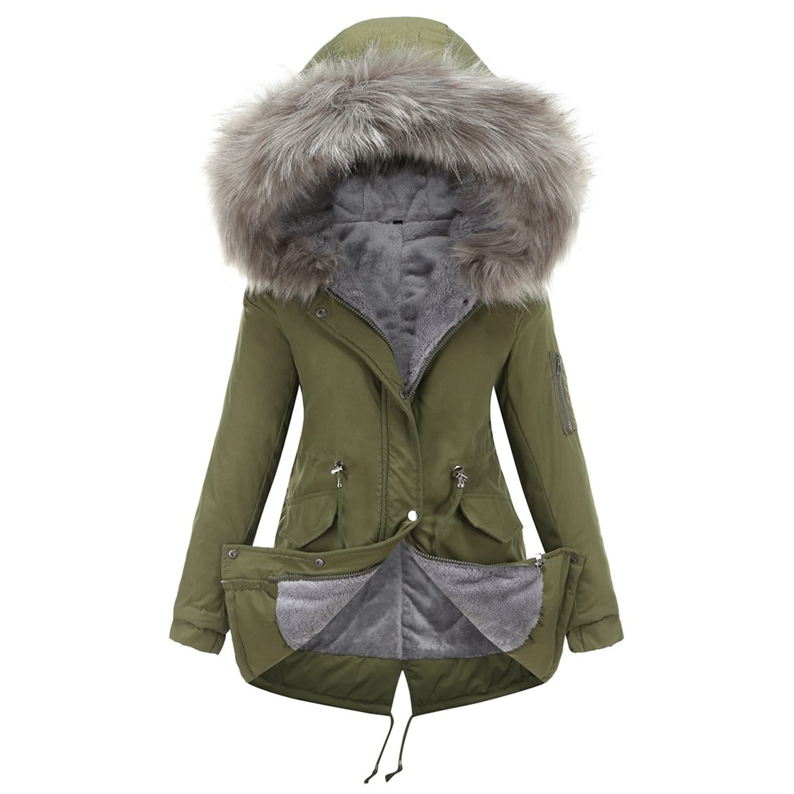 Chaqueta Mujer Invierno Abrigos De Cazadora Forro Polar，Abrigo polar con capucha para mujer chaqueta gruesa cálida de nieve prenda exterior talla grande con bolsillos laterales dobles