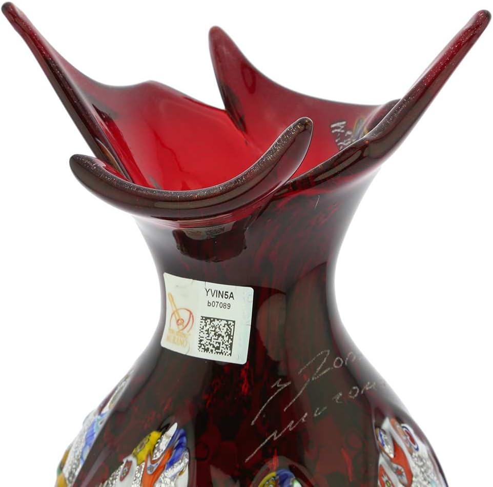 Glass Of Venice Murano Glass Millefiori Art Glass Spiky Amphora Vase - Red