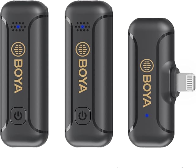 BOYA Wireless Lavalier Microphone for iPhone iPad, 2.4GHz Plug Play Lapel Clip-on Mic for Interview Video Podcast Vlog YouTube Recording (2TX+RX)