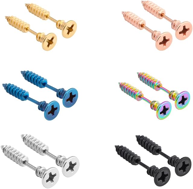 Epoch World 6 Pairs Earrings Studs Stainless Steel Screws Silver Earrings for Men and Women Spike Gold Hoop Clip on Earrings Punk