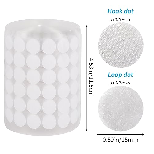 Miniatura 2 de WXBOOM Puntos autoadhesivos, 2000 unidades (1000 pares) de 0.59 pulgadas de diámetro, puntos blancos de gancho y bucle, impermeables, parte trasera