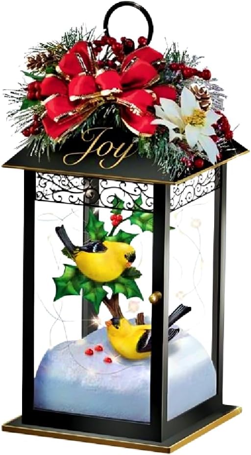 The Bradford Exchange Nature’s Glory Table Centerpiece Issue #3 Joy Illuminated Holiday Lantern with Songbird Sculptures and Always in Bloom Floral Arrangement Christmas Decoration 8-Inches