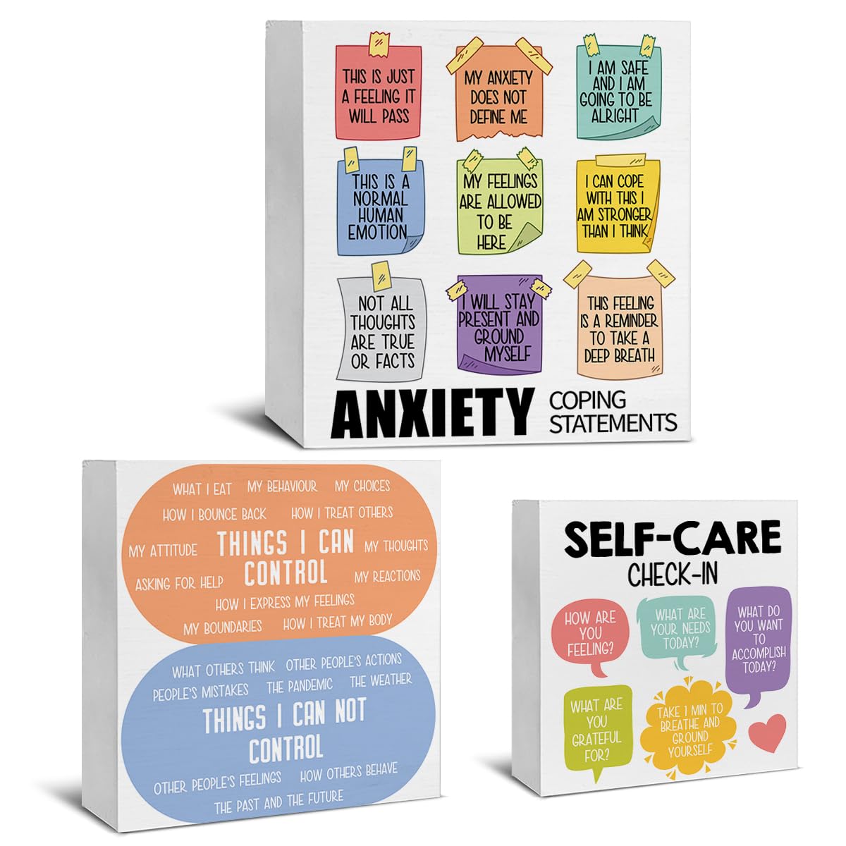 3 Pcs Mental Health Wood Signs Decor Psychology Wood Block Signs Anxiety Coping Statements Things I Can Control Self Care Wooden Box Signs Home