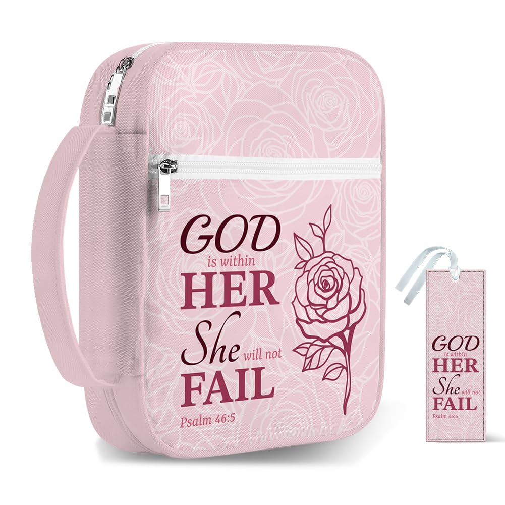 TNKBREEZE Rose Bible Cover with Bookmark Polyester Bags Quilted Bible Carrying Case with Handle Zippered Pocket for Books Supplies Accessories Gift for Adults Women Man Book Lovers