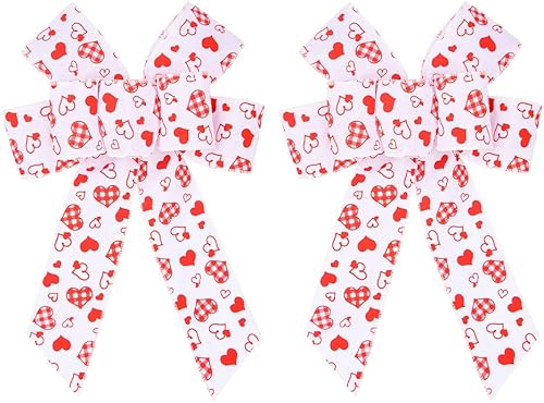 Threetols 2 lazos de San Valentín para corona, lazos de corona de corazón blanco, lazos de corazón rojo, decoración romántica, lazos de aniversario