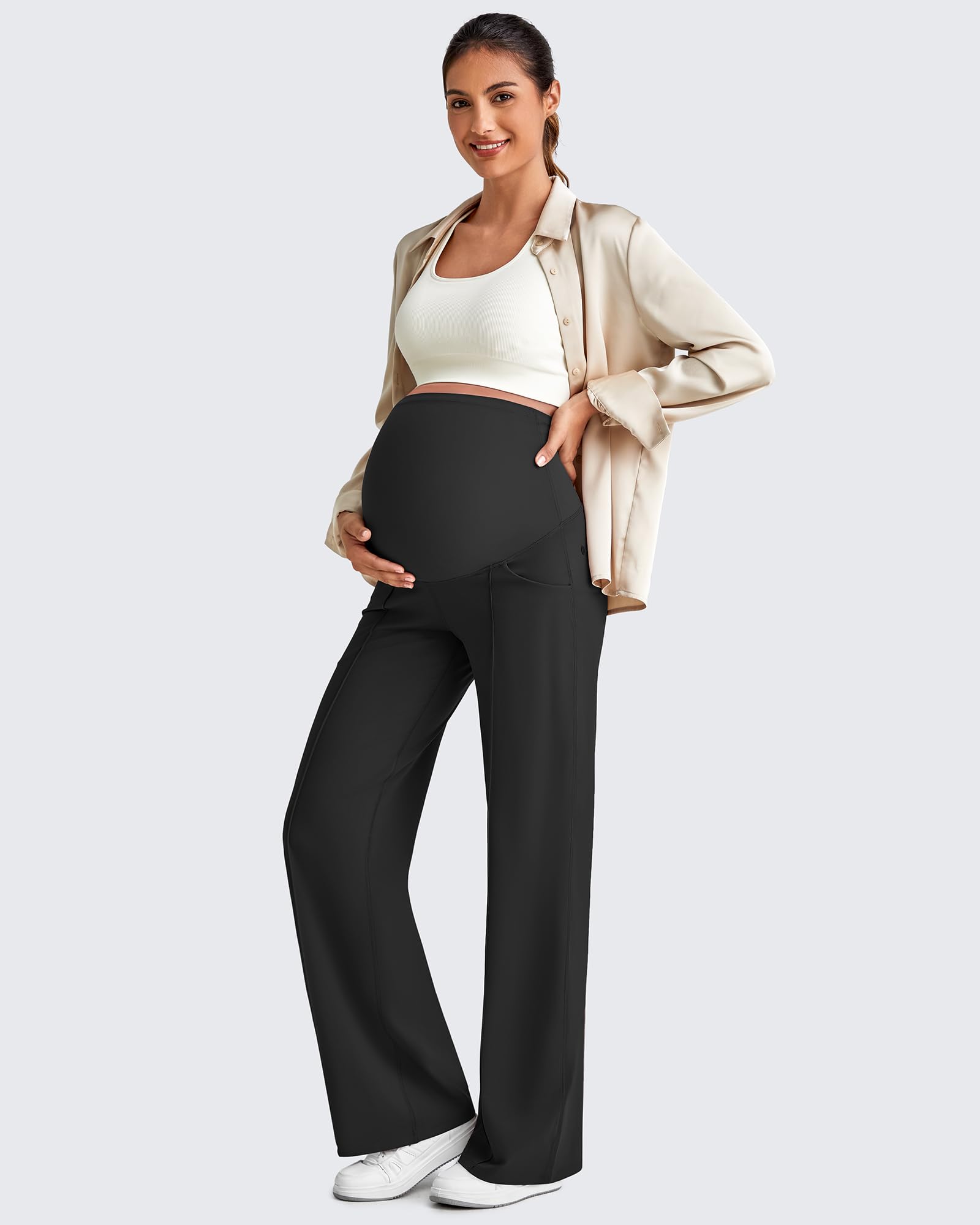 G4Free Umstandshose Damen Hohe Taille Yogahose Weites Bein Umstandsmode Schwangerschafts mit Taschen Lounge Hosen Freizeithose Stretch Gerade Hose