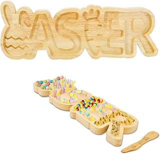 Easter Candy Dish Set, Letter Easter Plates with Egg and Carrot Elements, Wooden Bunny - Shaped Spoon, Serving Tray for Dinner, Dessert, Candy and Chocolate, Bunny Charcuterie Board for Party