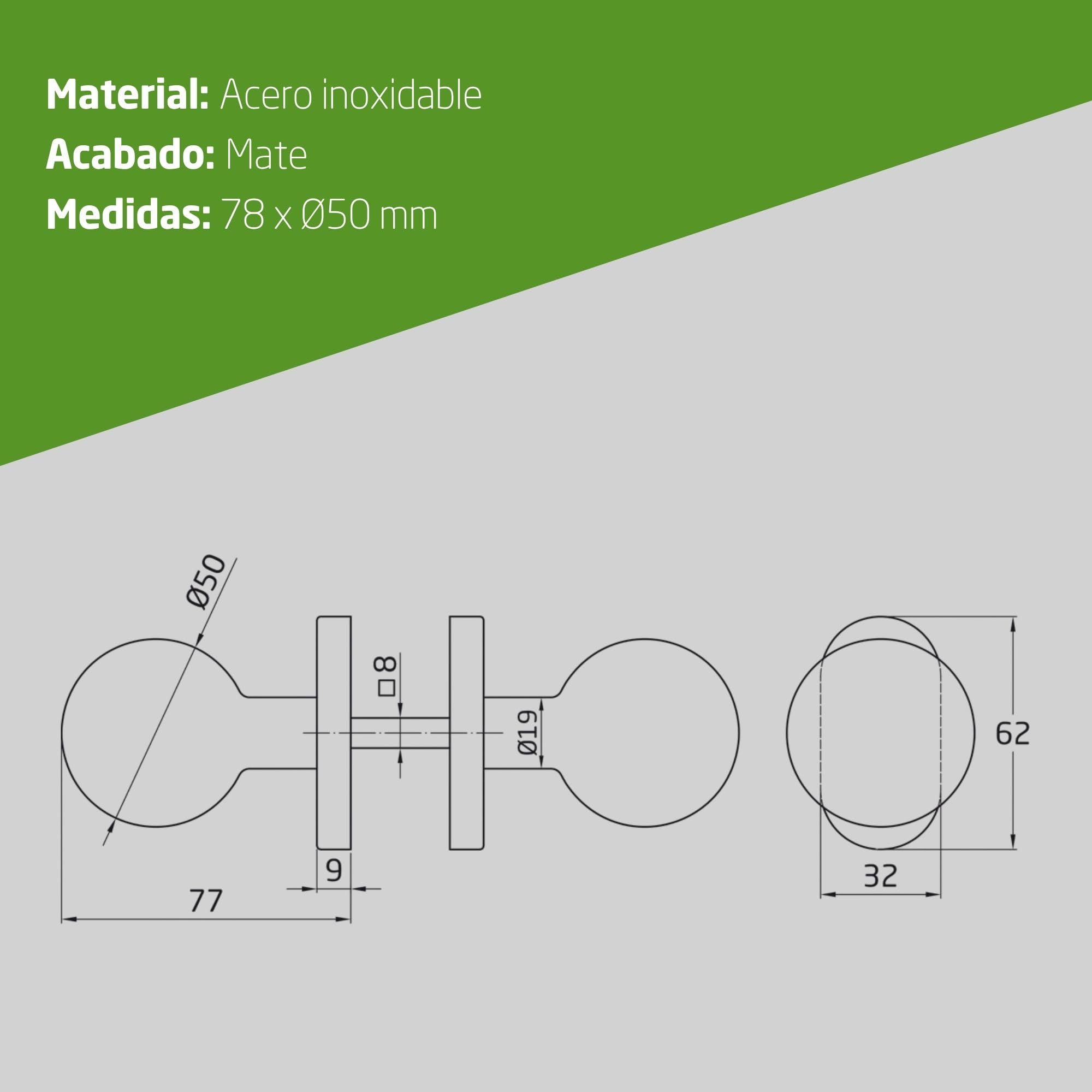 Amig - Juego de Pomos Giratorios para Puertas Mod. 11ALGR - ø50 x 78 mm - Con Embellecedor de Roseta - Agarre Ergonómico - Incluye Tornillos Antirrobo - Sin Muelle - Acero Inoxidable 18/8 Mate