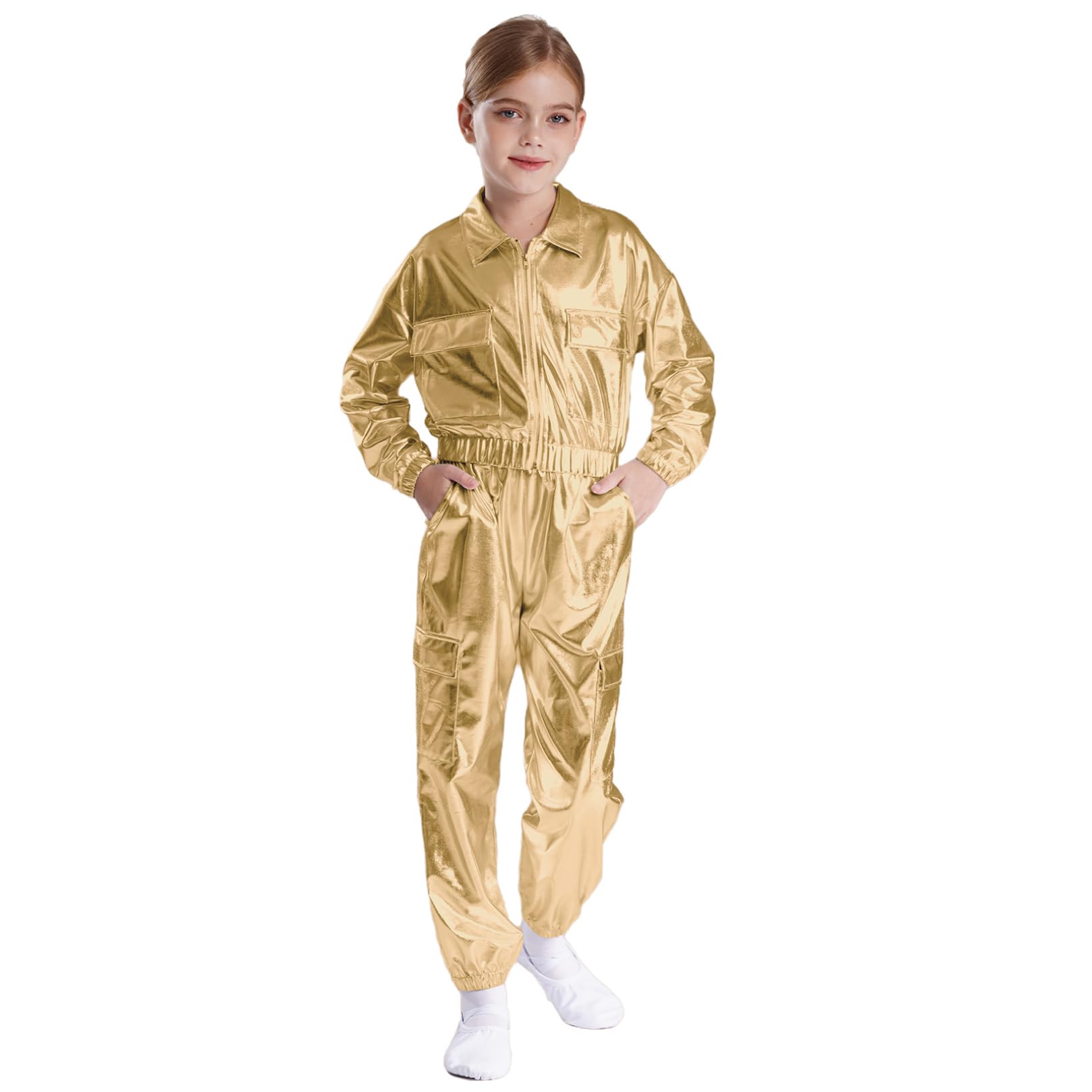 ranrann Unisexe Enfant Pantalon Métallique Brillant et Veste Ensemble Costume Disco Danse Moderne Jazz Hip Hop pour Garçon Fille