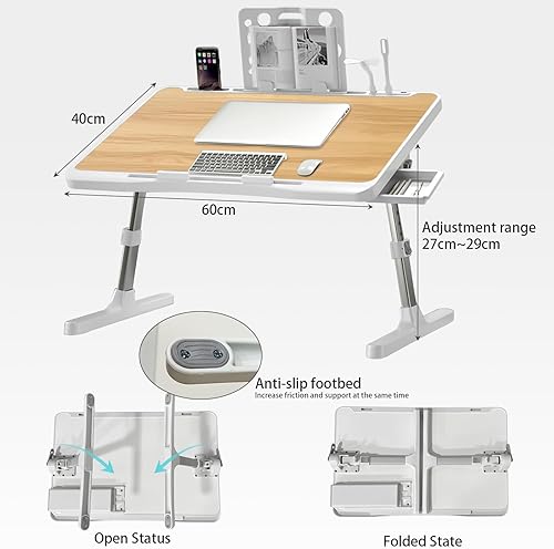 Miniatura 8 de Escritorio para computadora portátil para cama, mesa de cama ajustable con puerto de carga USB, mesa plegable para laptop con cajón de