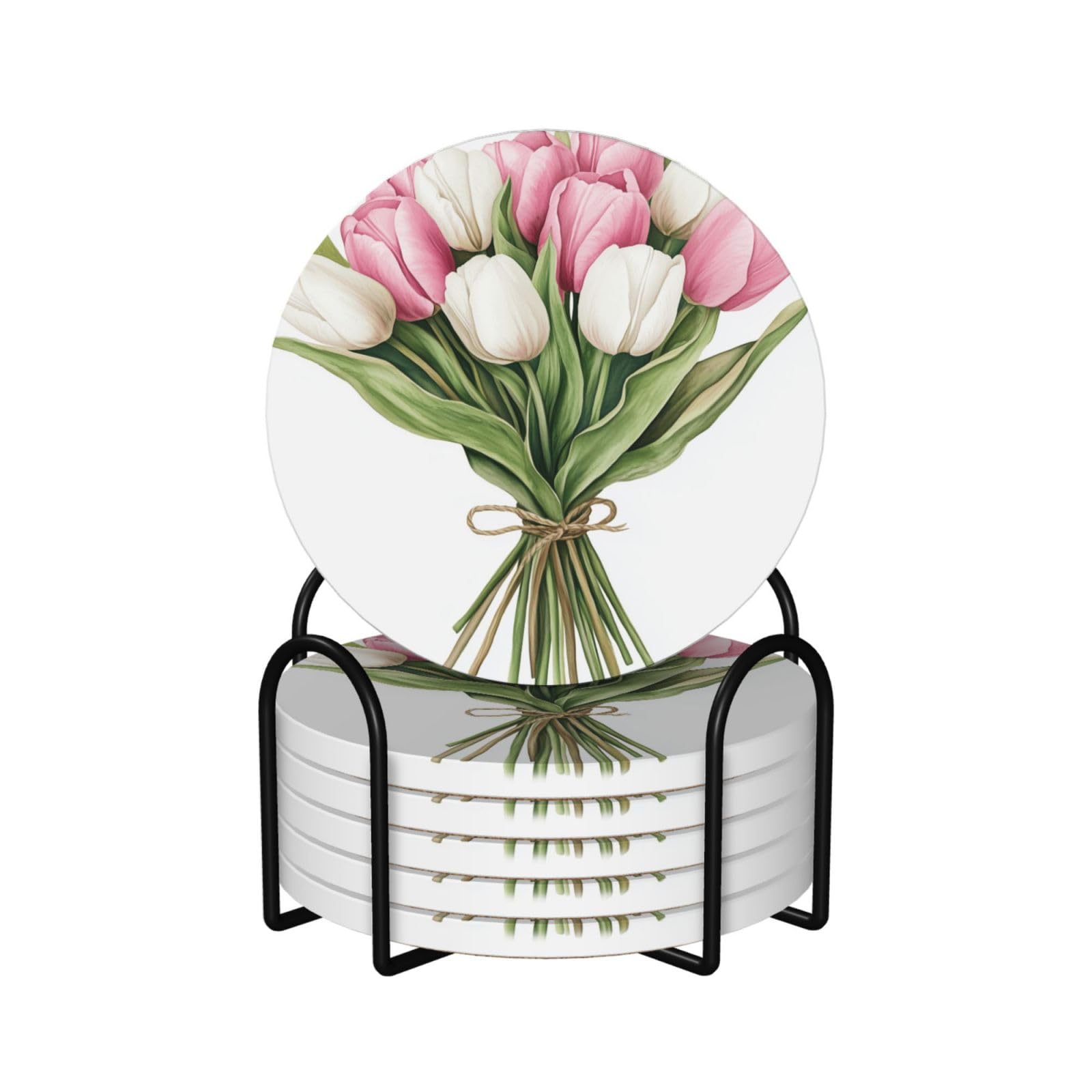 Bouquet of Pastel Pink White Tulips with String Ceramic Coasters with Holder 6ps