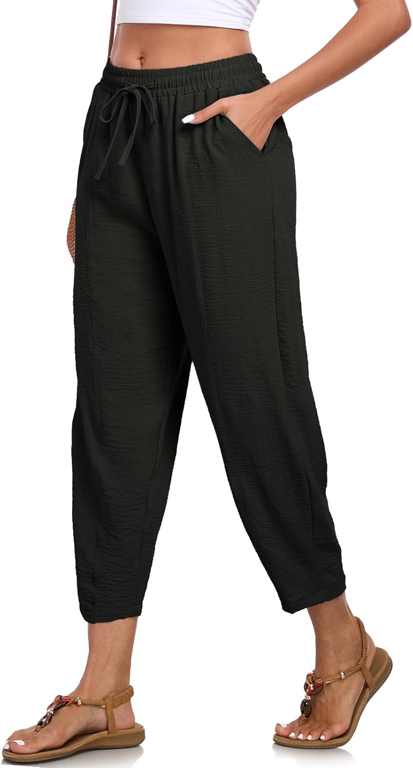 ALSOGO Womens High Waisted Baggy Pants Casual Ankle Length Pants Palazzo Trousers Slacks with Pockets Summer - Image 5