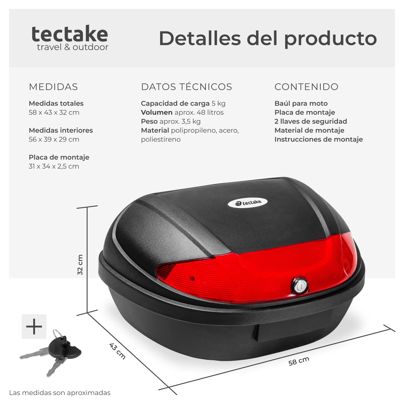tectake® Baul para Moto con Cierre Seguro, Maleta Trasera con Reflector, Accesorio Resistente para Guardar tu Casco Moto Hombre - 58 x 43 x 32 cm para 2 Cascos