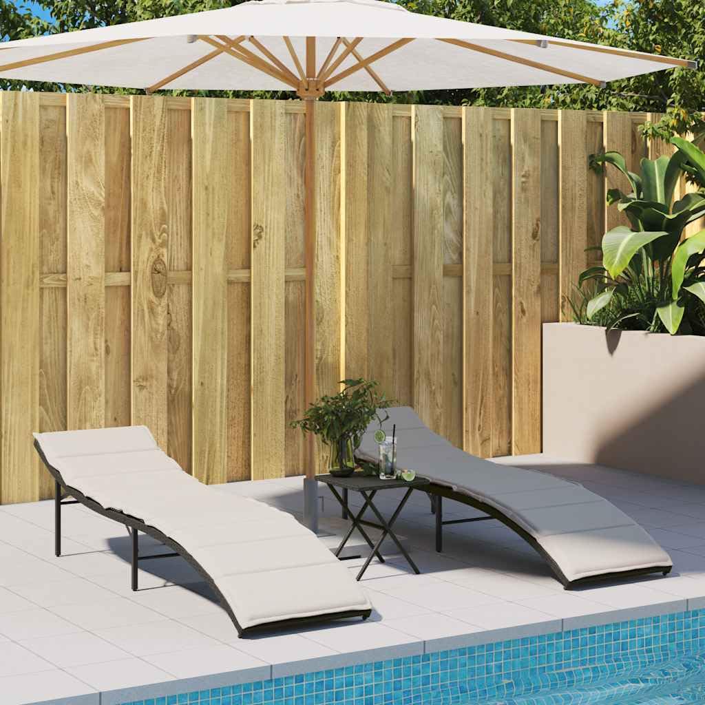 Juego de 2 tumbonas de ratán sintético con cojines en color negro | Cómoda tumbona de jardín para terraza y balcón con respaldo ajustable en 3 posiciones y cojines acolchados suaves.
