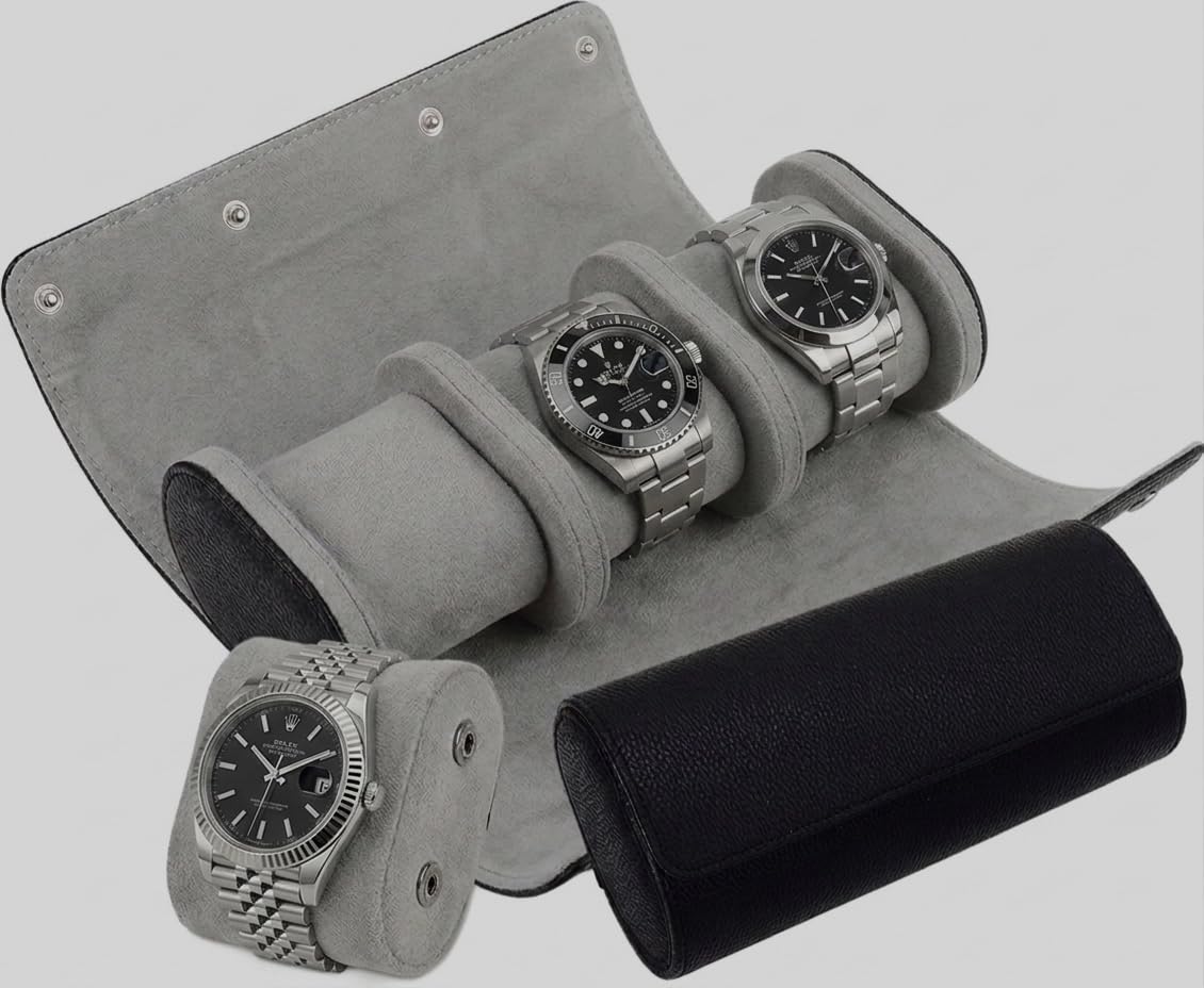 Generico Custodia Elegante Porta Orologi da Viaggio, 3 Slot, Pelle Nera, Interno in Velluto Grigio, Anti Shock e Anti Graffio
