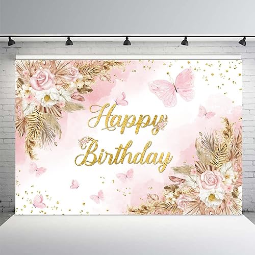 Miniatura 1 de MEHOFOND Telón de fondo bohemio de feliz cumpleaños de 7 x 5 pies para niñas, color rosa rubor, floral, bohemio, hierba de pampas, pasteles,