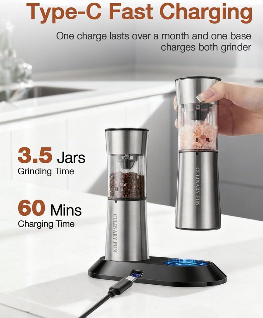 Gravity Electric Salt and Pepper Grinder Set, Automatic Mills with Rechargeable Charging Base, Built-in LED Light & Stainless Steel Body
