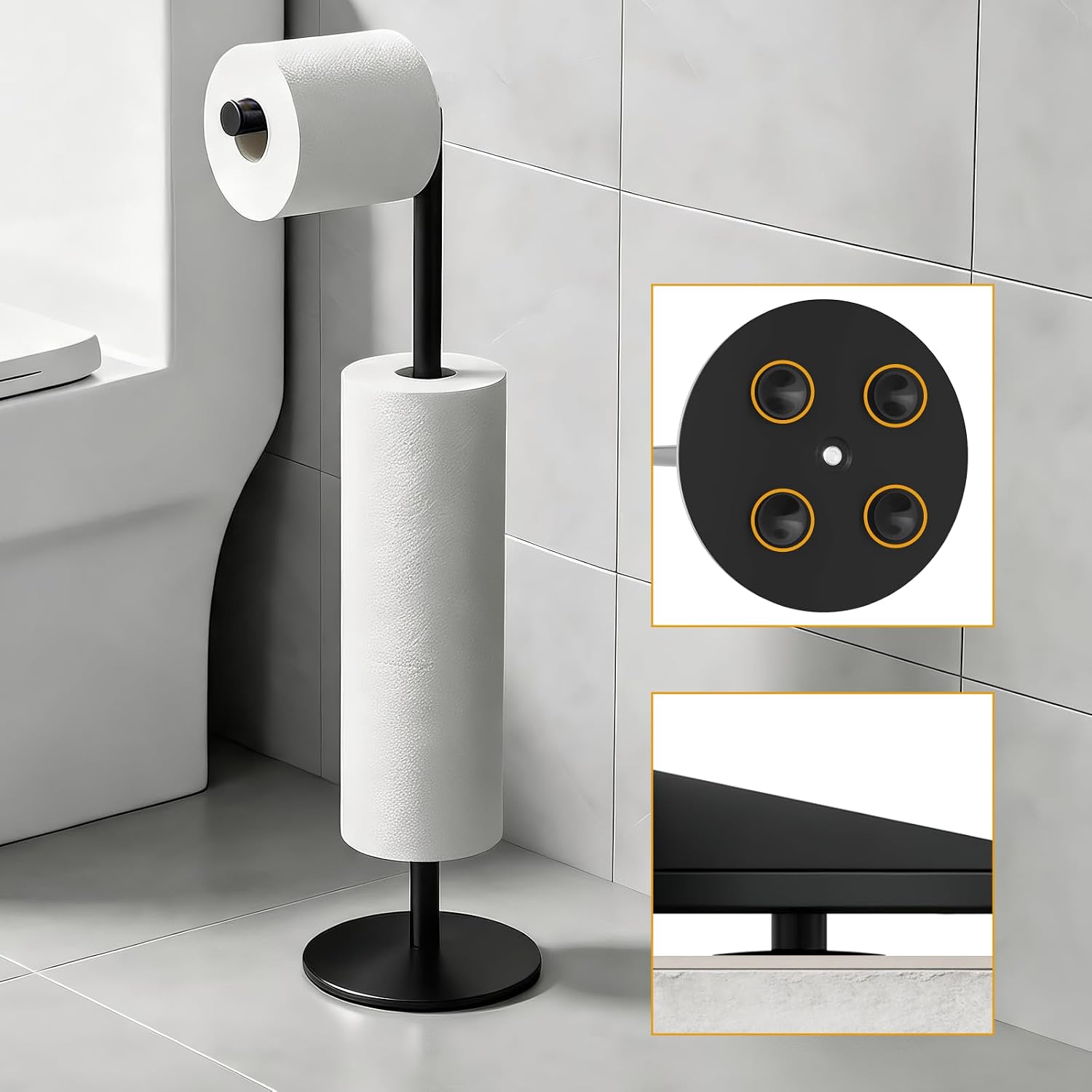 Toilet Paper Holder Stand, Stainless Steel Suction Cups Freestanding Toilet Paper Holder with Weighted Base, Storage for 4 Rolls of Paper for Bathroom (Black)