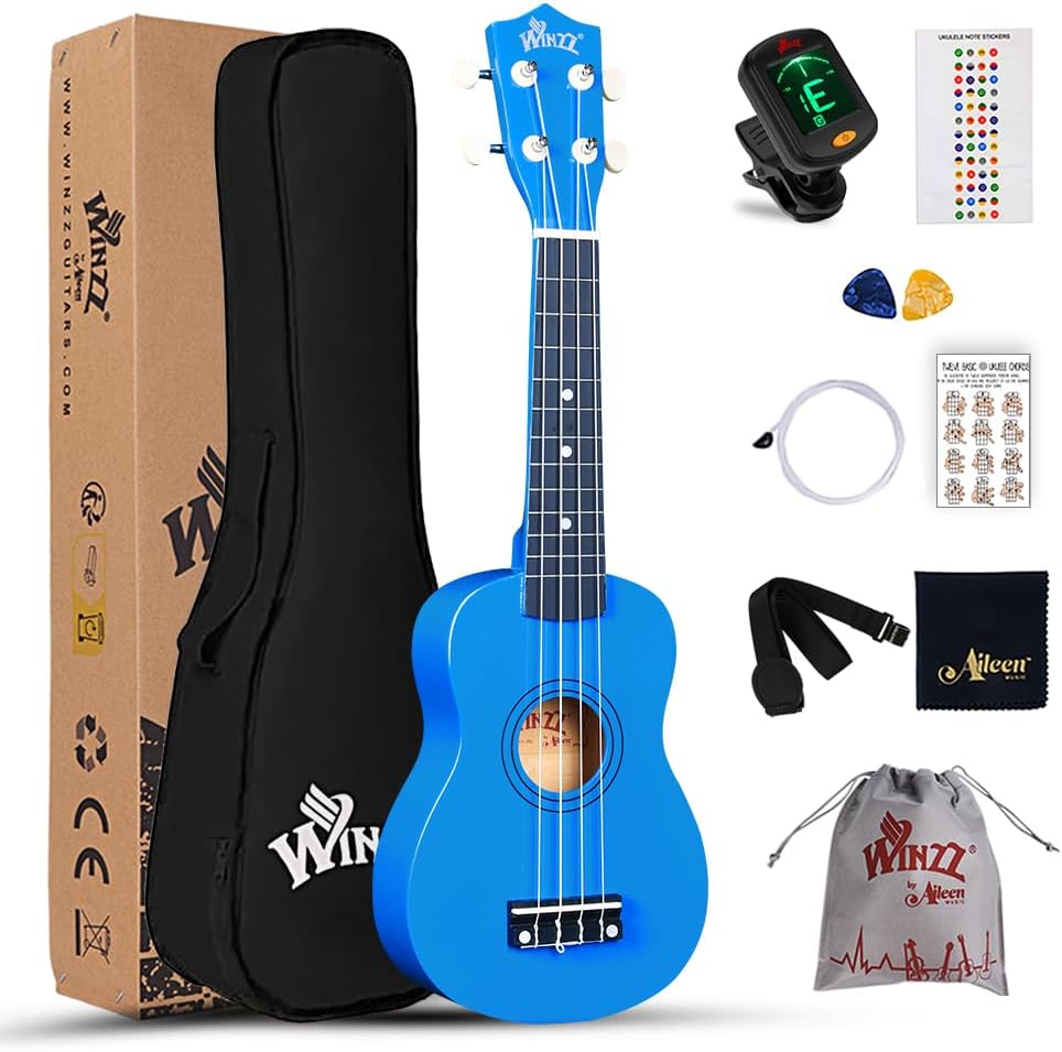 Winzz Soprano Ukulele Starter Kit For Beginners with Bag, Clip-On Tuner, Extra Strings, Strap, Plectrum, Fret Stickers, Chords Card, Polishing Cloth, Dark Blue