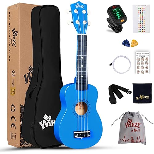 Winzz Soprano Ukulele Starter Kit For Beginners with Bag, Clip-On Tuner, Extra Strings, Strap, Plectrum, Fret Stickers, Chords Card, Polishing Cloth, Dark Blue