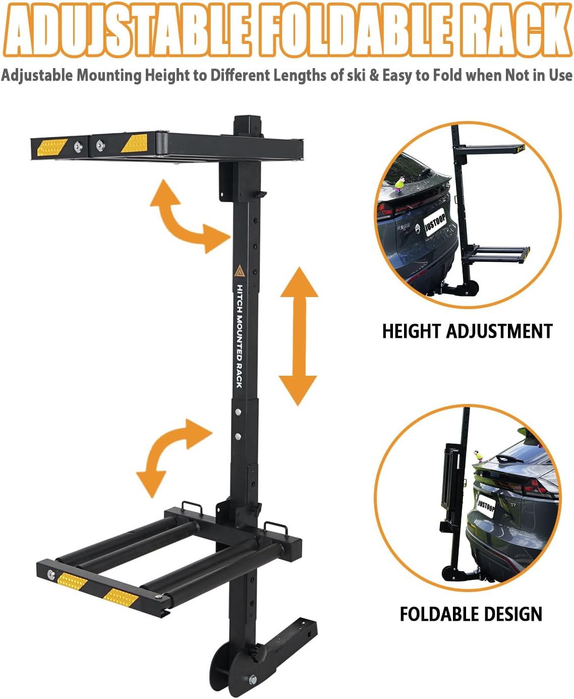 Folding Hitch Mounted Ski and Snowboard Rack with Security Lock, Trailer Hitch Ski Rack with Security Strap, Tilt Access, Carries up to 6 Pairs of Skis or 4 Snowboards, Fit for 2 in Receiver