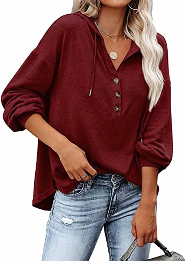 WROLEM Womens Hooded Button Collar Drawstring Hoodies Pullover Sweatshirts Casual Long Sleeve Top Shirts