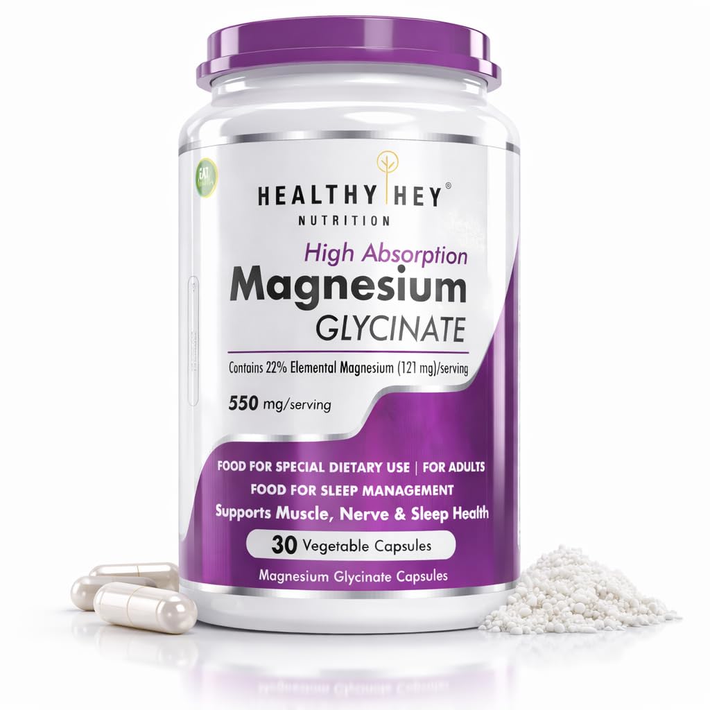 HealthyHey Nutrition Magnesium Glycinate High Absorption for Sleep, Cramps, & Nerves Health -30 Vegetable Capsules - Amazon product rated Grade A