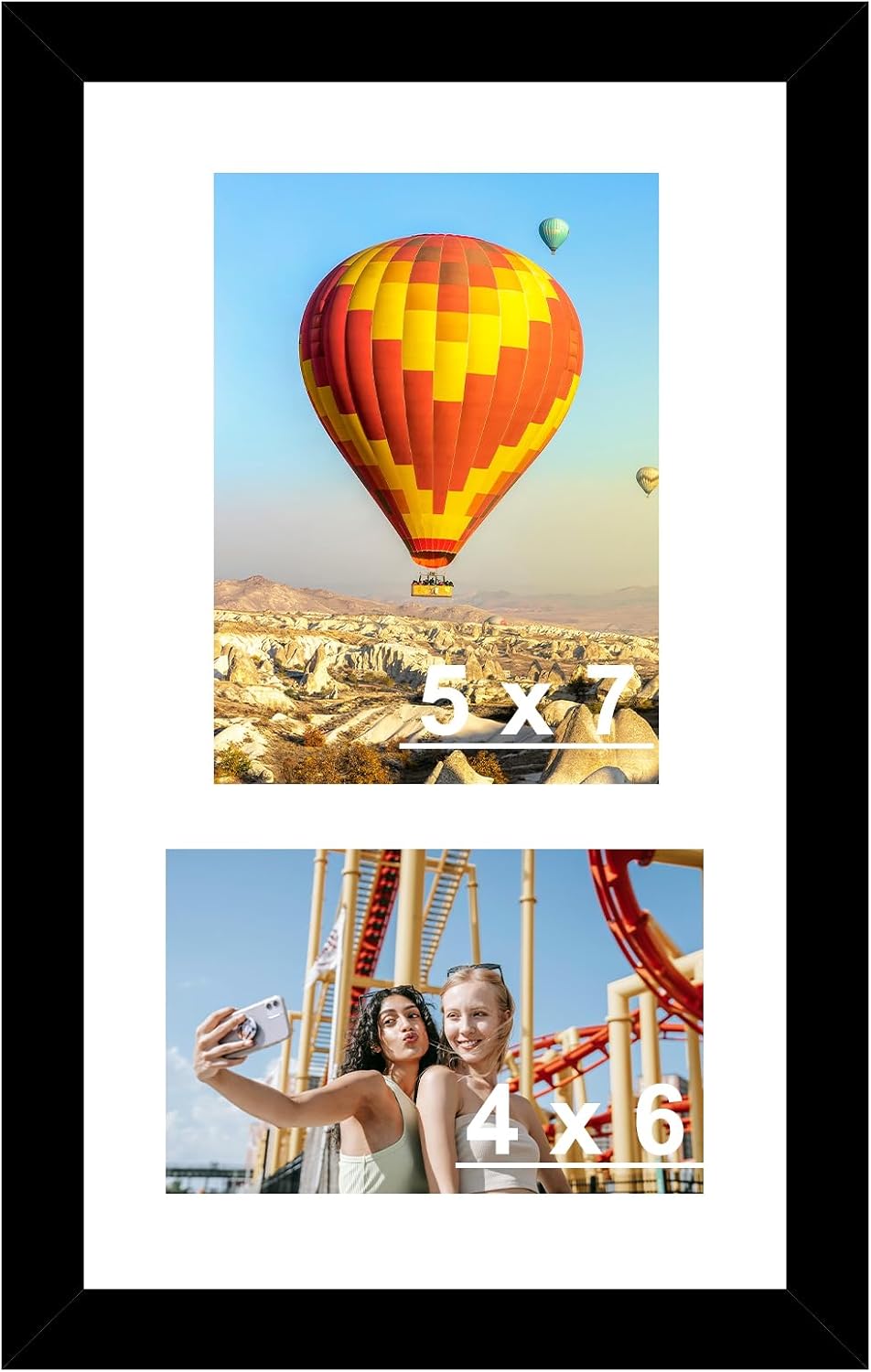 Wood 8x14 Collage Picture frames, Display 4x6 and 5x7 with Mat or 8x14 Without Mat, Wall Hanging 2 Opening Photo Frame with Shatter Resistant Plexiglass, White Mat, Black