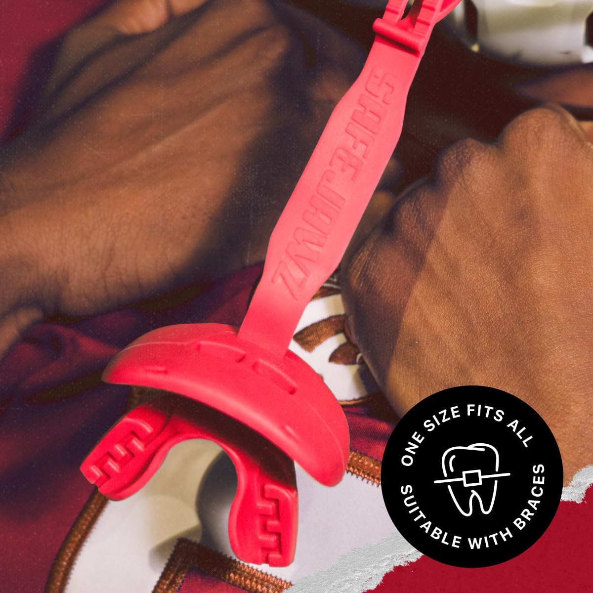 SAFEJAWZ Football Mouth Guard, Sports Lip Guard with Connected Strap, Breathable Adult and Youth Mouthpiece, Football & Lacrosse Lip Protector Mouthguard (Red)