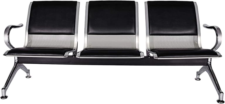 Waiting Room Reception Chairs - PU Leather Airport Reception Chairs with Arms, Office Guest Chairs for Bank, Hospital, Market 3-Seat, Black & Sliver