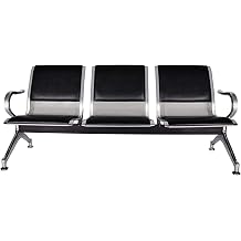 Waiting Room Reception Chairs – 3-Seat PU Leather Bench With Arms For Office, Bank, Hospital (Black & Silver)