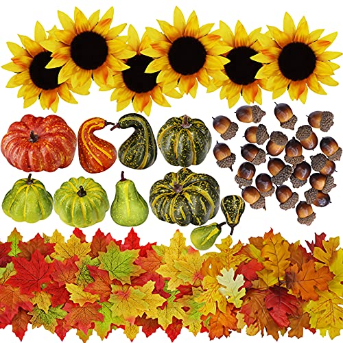 Supla 451 Pcs Fall Pumpkin Leaf Decoration Vase Filler Bowl Filler Mini Pumpkin Gourd Acorns Sunflower Heads Autumn Oak Leaf Maple Leaf For Wedding Thanksgiving Halloween Harvest Party Table Decor #TOP2