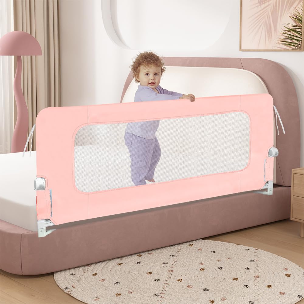 OHMG Bettgeländer,Sicherheitsgitter für Kinder,Sicherheitsgitter für Bett,höhenverstellbar,tragbar,Bettgitter, vertikales Heben,Sicherheitsgitter gegen (Rosa-180 * 73-86cm)