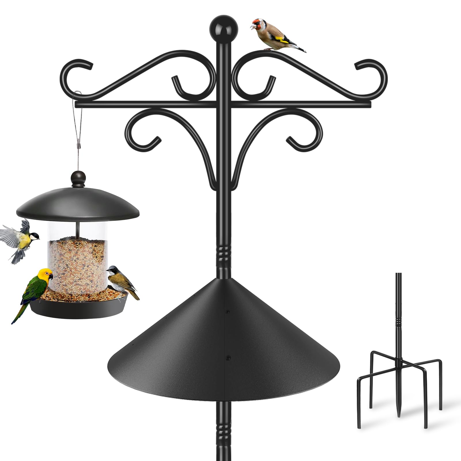 Bird Feeders Pole Squirrel Proof, 233cm Bird Feeder Hanging Feeding Station Stand, Free Standing Heavy Duty Shepherds Hooks with Baffle for Garden Solar Lights,Baskets hanger, Black, 1 Pack