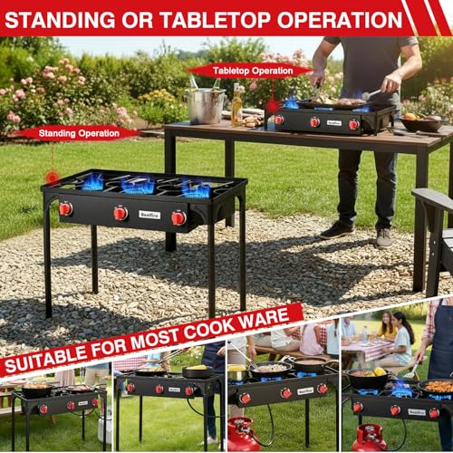 Image of Bestfire 3 Burners Camping Stove for Cooking Outdoor, 225,000 BTU Propane Burners with Ignition wire&Removable Legs, Temperature Control Knobs and 20 PSIG High Pressure Regulator for BBQ