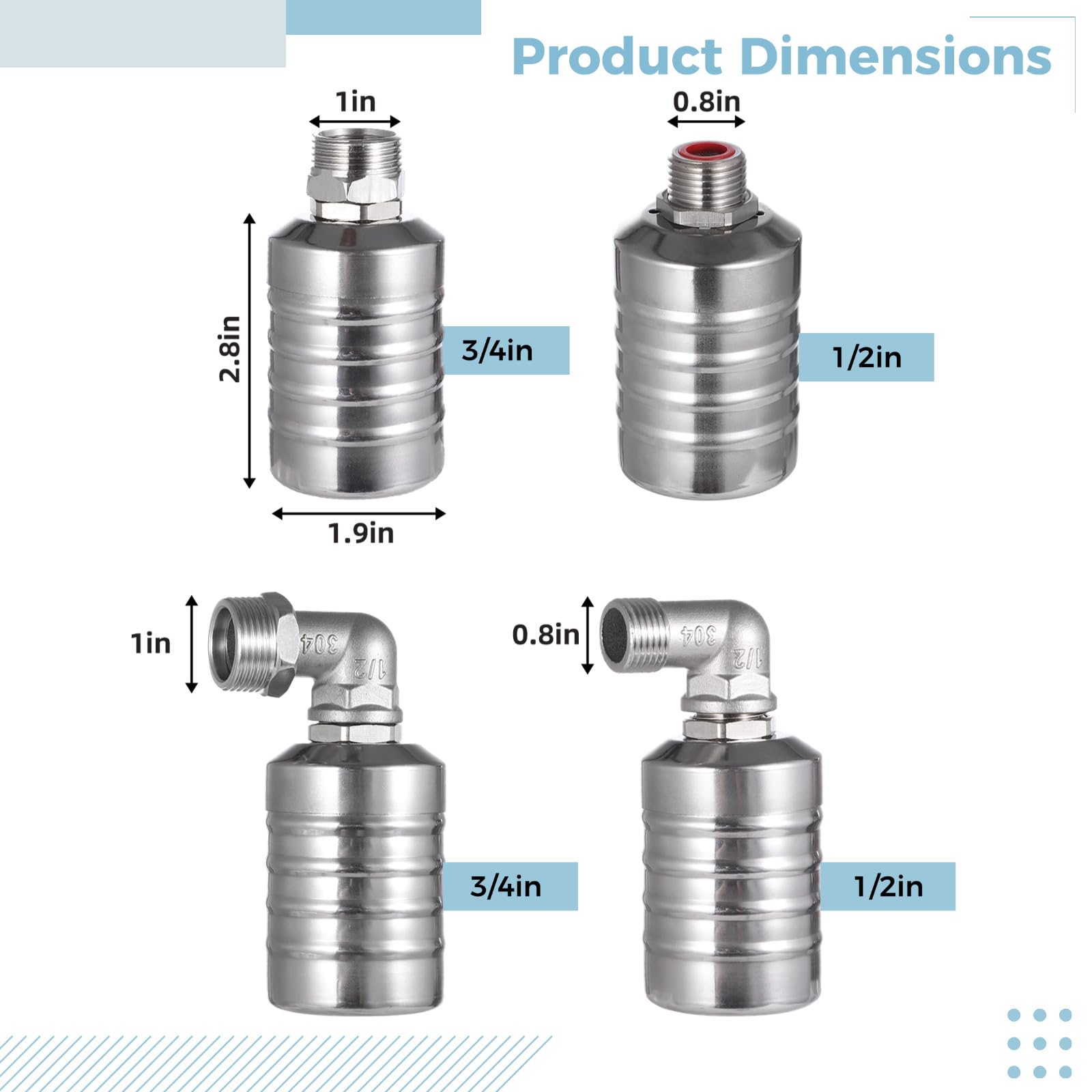 2 valvole a galleggiante per il controllo del livello dell'acqua, da 1/2" a 3/4", completamente automatico, in acciaio inox, mini valvola a sfera galleggiante per serbatoi d'acqua, cucine, torri