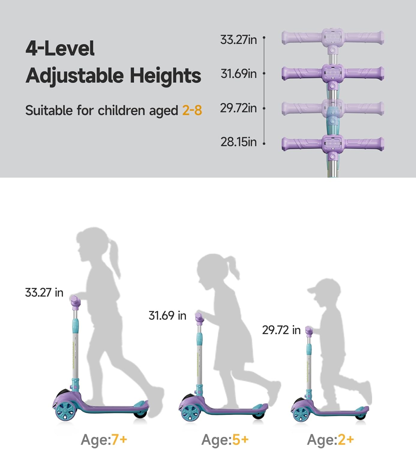 3 Wheel Kick Scooter for Kids, Adjustable Height Foldable Toddler Scooter, Stable Lean-to-Steer Wide Standing Board Scooters