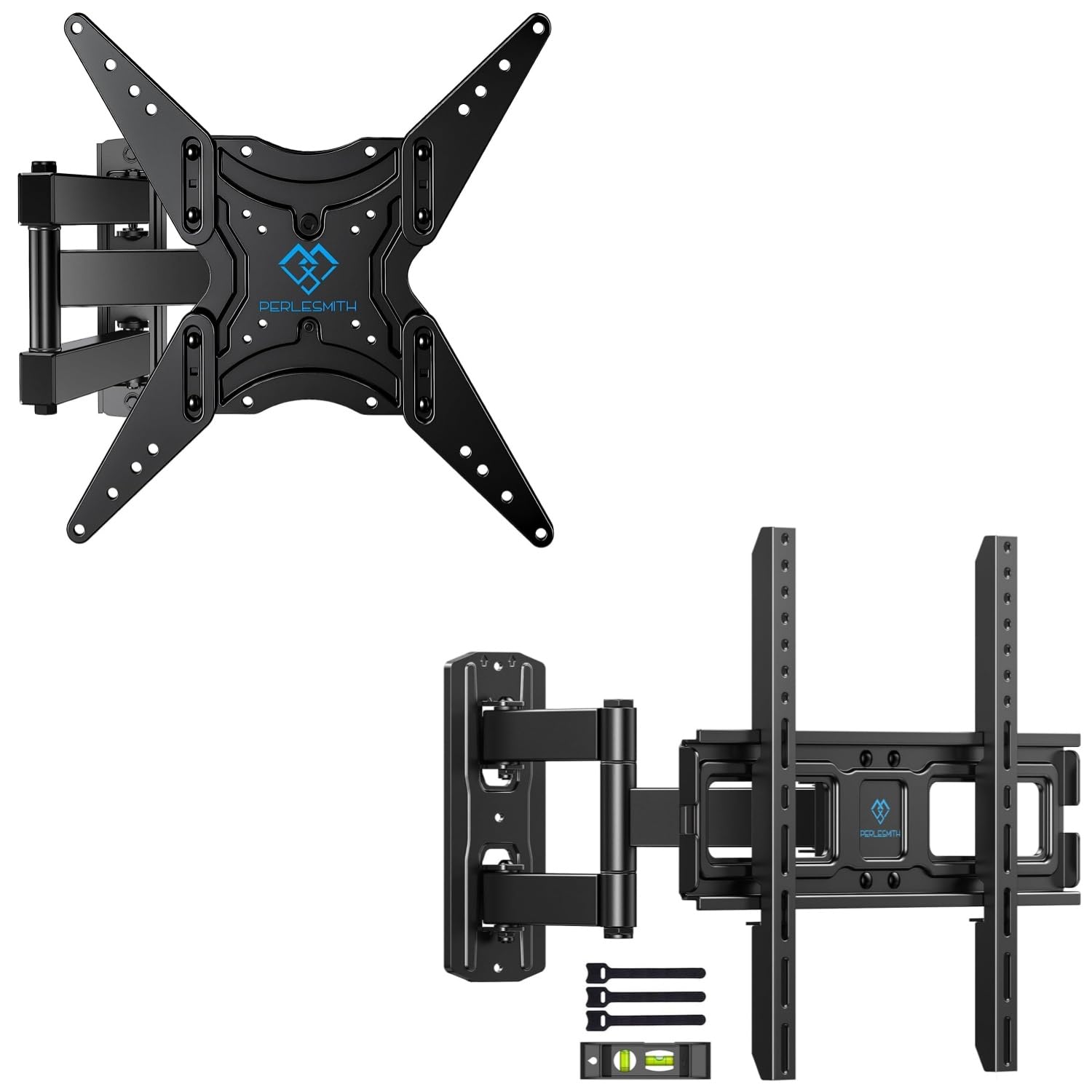 Image of the PERLESMITH full motion TV wall mount, including the wall plate, articulating arm, TV bracket, a small bubble level, and three cable ties.