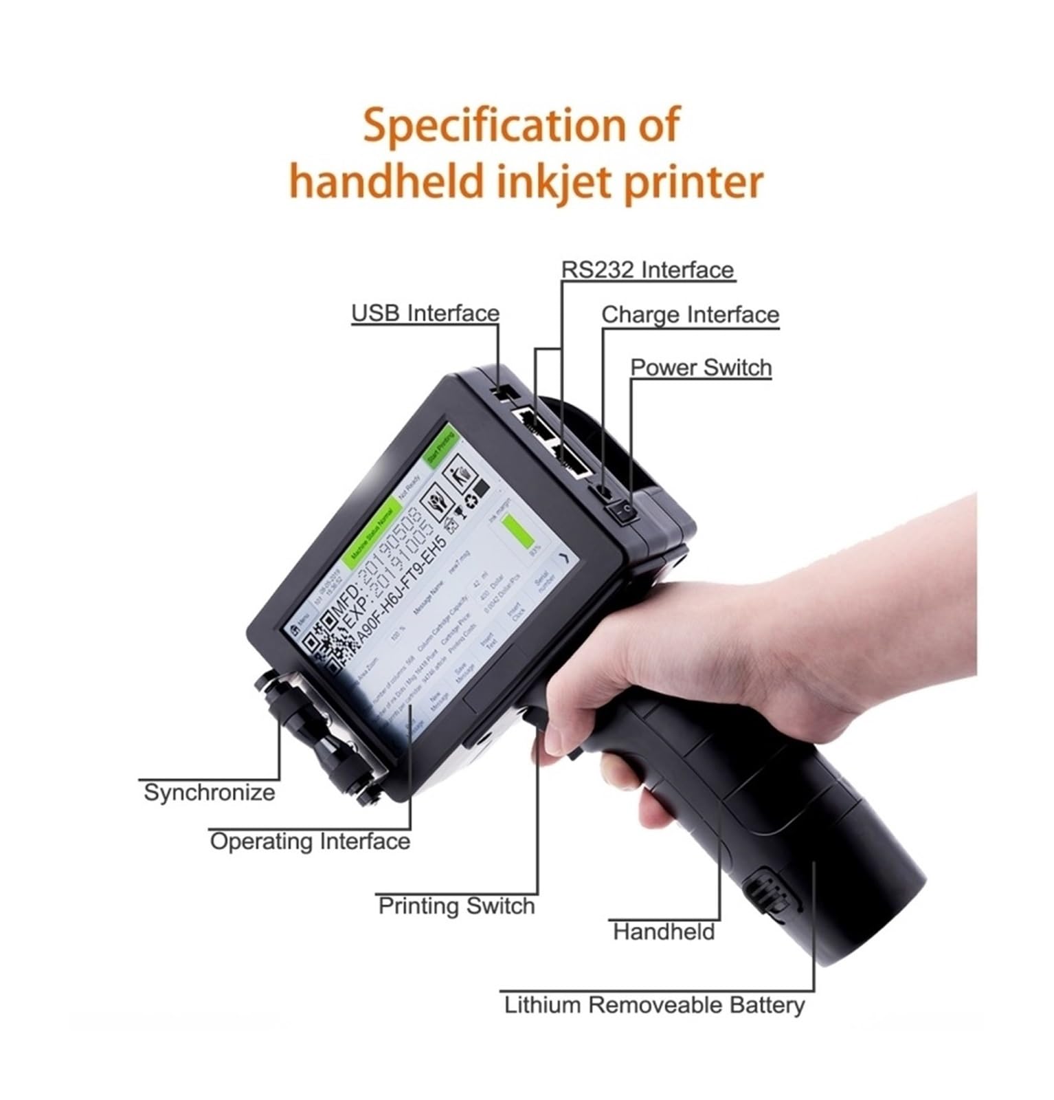 Imprimante Portable, Machine de Codage par Lots Industrielle Imprimante à Jet d'encre Intelligente Impression Codes Barres bidimensionnels Portable(German with 1 Ink)